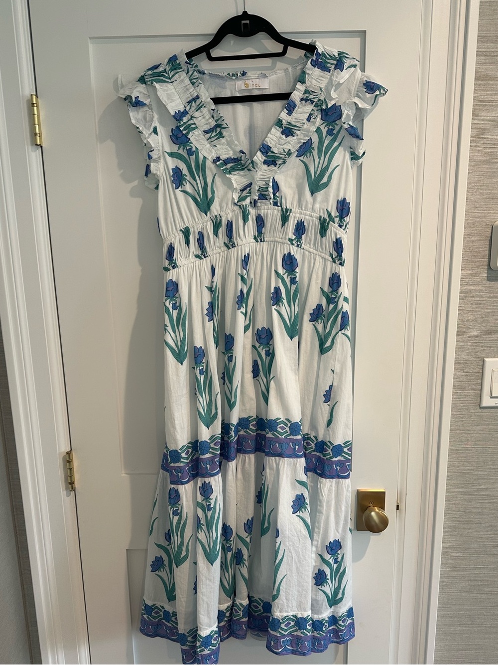 White Maxi Dress with Blue Floral Print